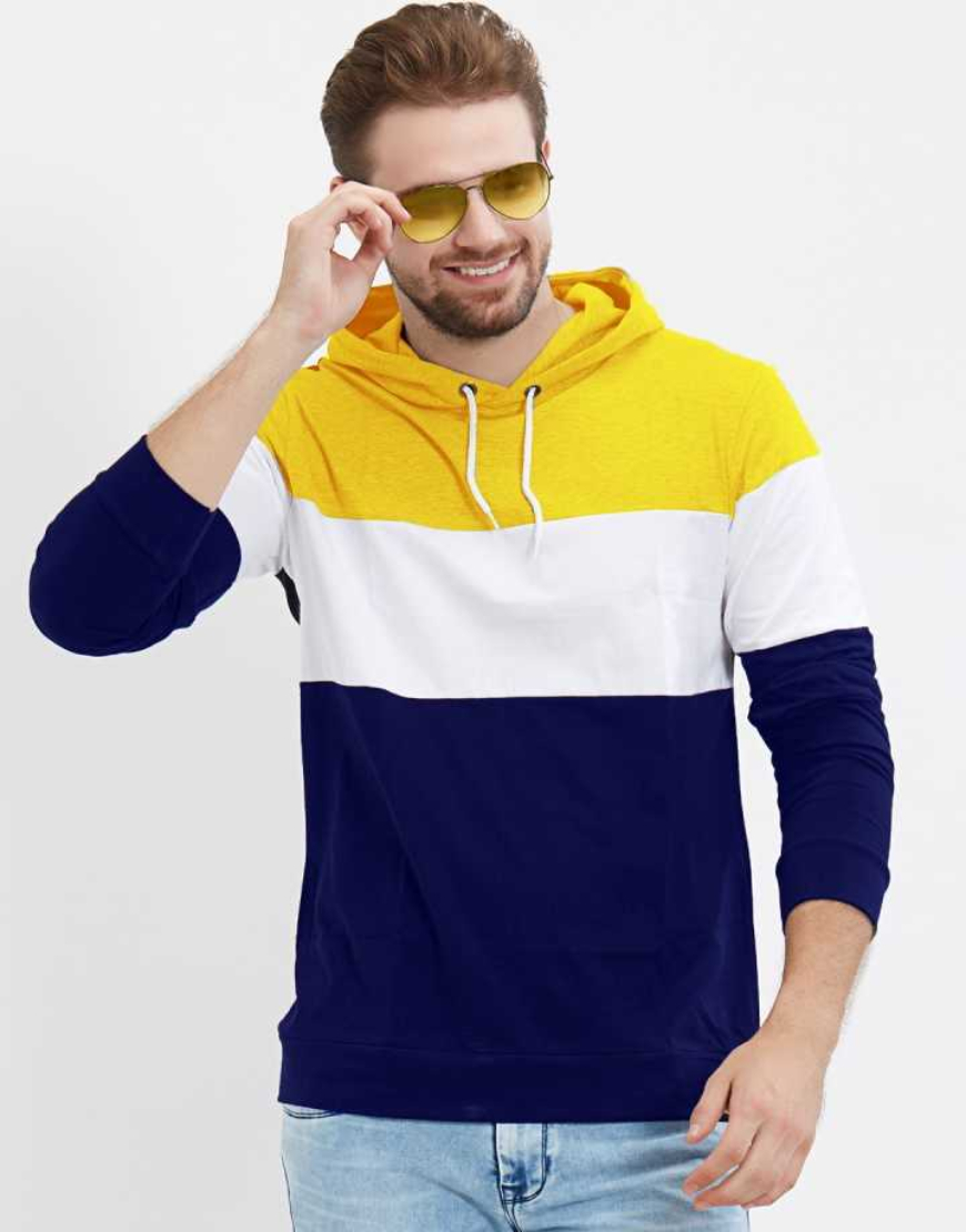 LEWEL Color Block Men Hooded Neck White, Blue, Yellow T-Shirt